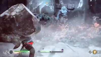 Combat/Motion Glitch- Kratos can 'Catch n Throw' back a boulder, by Prompting Seething boulder toss right as the Ogre tosses it's own.