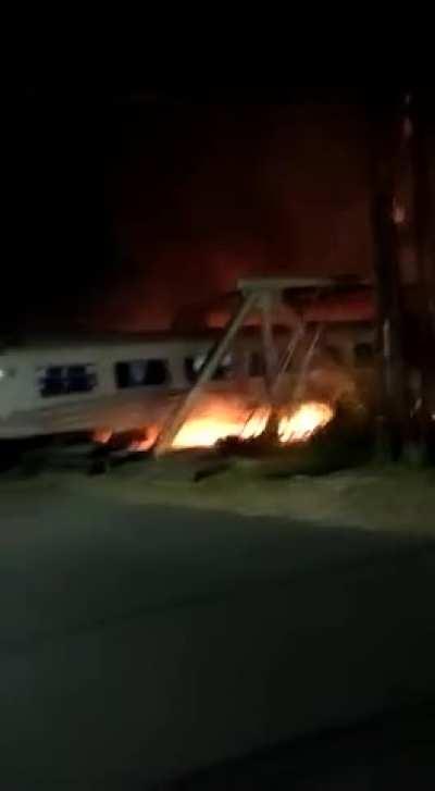 Train crashing with stuck trailer truck 