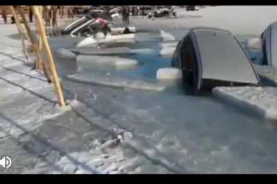 Using a frozen lake as a parking lot (originally posted on r/whatcouldgowrong)