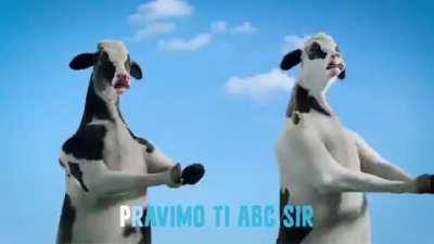 This advertisement for cheese with dabbing cown