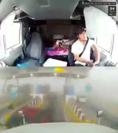 Driving a heavy truck at full speed in bad weather conditions while using his phone and having no regard for the surroundings. Massive idiot.