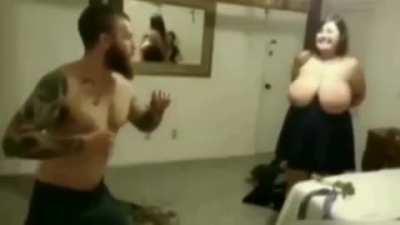 McGregor look alike round house kicks tit right on the button