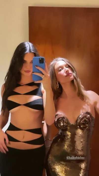 In cut out dress with Hailey Bieber