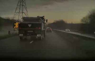 A truck loaded with poorly fitted metal fencing, pulling in front of you in dark rain without indicating is never fun.