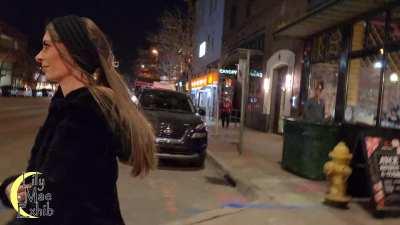 Nervously opened my coat to reveal my naked body as I walked through the busy bar district! [GIF]