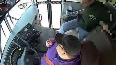 Brave little dude brings school bus to a safe stop after the driver passes out