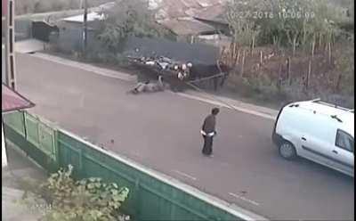 A horse tethered to the back of a motorized vehicle seems like a bad idea all around...