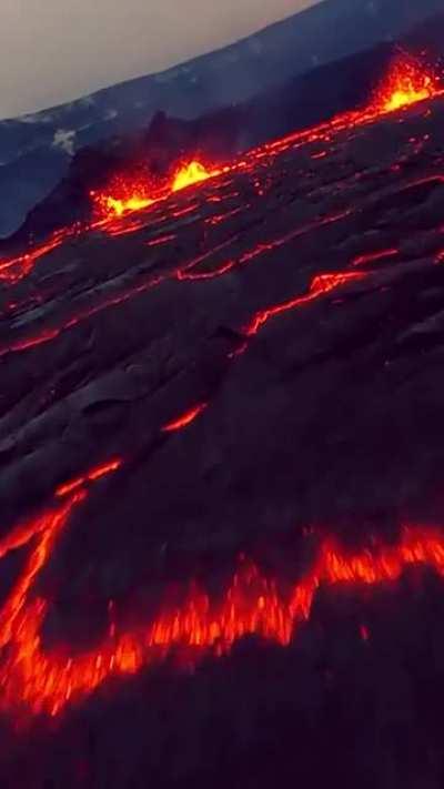 Drone flys over active Vulcan