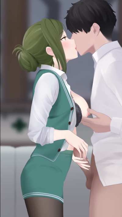 Kissing while caressing his cock