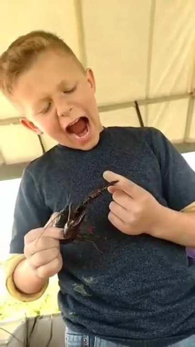 kid says he can withstand getting bit by a crawfish