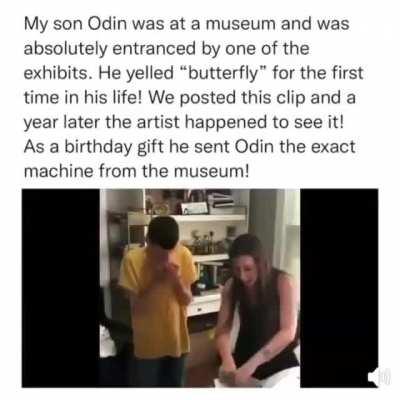 The artwork prompted this young man say the word ''butterfly' for the first time so the artist J. C. Fontanive sent him his own butterfly for his home.