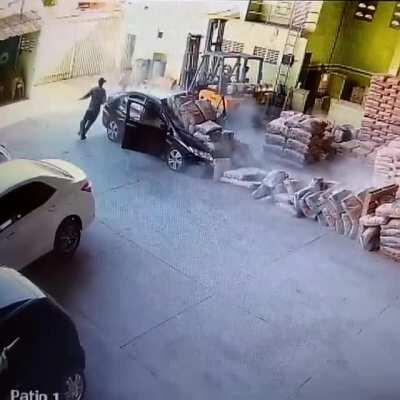 Parking your car near big pile of cement sacks