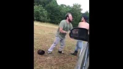 Headbutts himself against a car before trying to fight