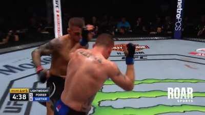 After 3 rounds of war with Justin Gaethje, Dustin Poirier begins and ends the 4th round with a powerful flurry. He is currently in negotiations to rematch Conor McGregor before the end of the year.