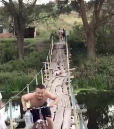wCGW Riding bicycle in a hanging bridge