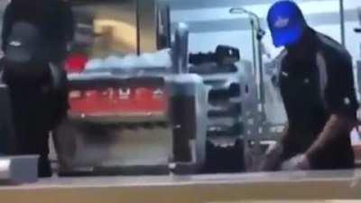 Double ass-beating at McDonald's, two people jump the counter to fight an employee and immediately regret it