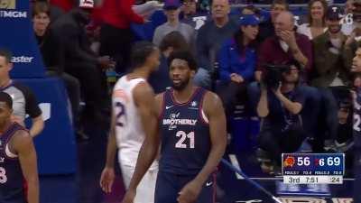 [Highlight] Joel Embiid POSTERIZES Drew Eubanks, drawing the foul. He celebrates by faking out the chop and instead puts his hands on his head to avoid a fine.