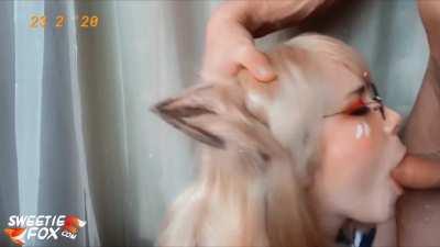 Fox schoolgirl cosplayer deepthroats cock