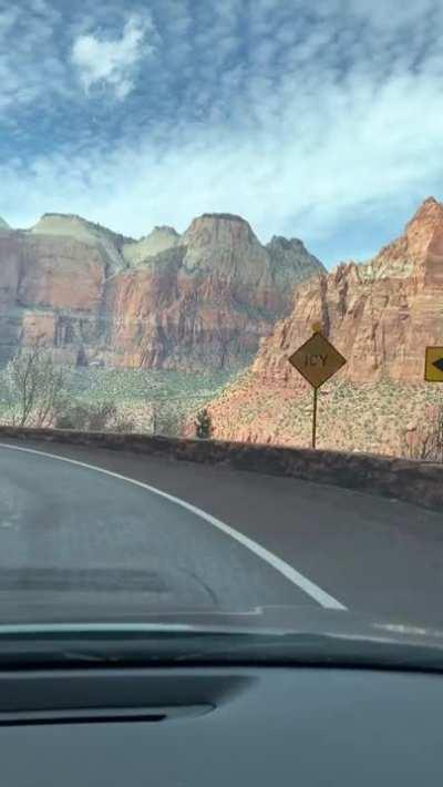 Driving out of the tunnel in Zion National Park, Utah.