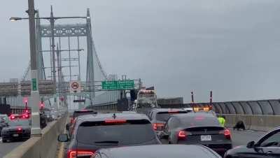 When you are 3 cars behind a car used in a bank robbery on the Triboro Bridge. Then this happens, 17/18 shots fired. Thankfully no Police or innocent bystanders were seriously injured!