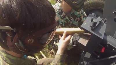 AT gun in action - sadly the absence of widespread paintball-grade masks in airsoft prevents these weapons to be used safely. Simple googles won't make it.