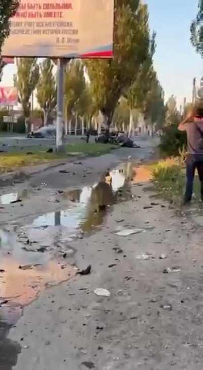ru pov. Firefighters extinguish a car cut in half in melitopol. According to the mayor they found an Ukrainian saboteur inside who blew himself by mistake.