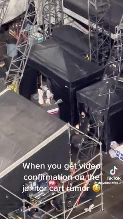 Video confirmation of Taylor Swift riding in and getting out of a janitor cart to go onstage for the Eras Tour concerts