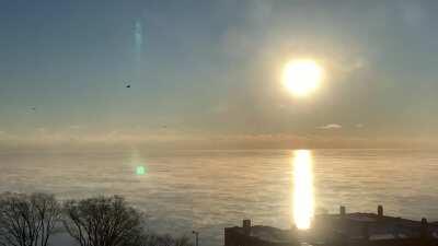 To the friend from Texas who posted a video of the frozen waterfront: this how the lake appears at 7am, -2 F degrees.