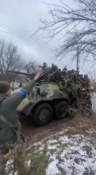RU POV. Ukrainian troops roman salute in unison while shouting various slogans
