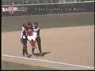 College senior hits her first-ever home run but tears her ACL rounding 1st base. Rules don't allow her teammates to help her without being called out, so the opposing team helps her around the bases.