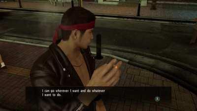 In Yakuza 0 when Kiryu goes into his idle animation where he smoke a cigarette if you position the camera at the tip of his cigarette the 