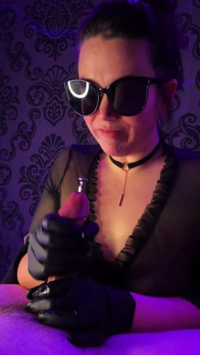 Plugging his cock with my new toy😈