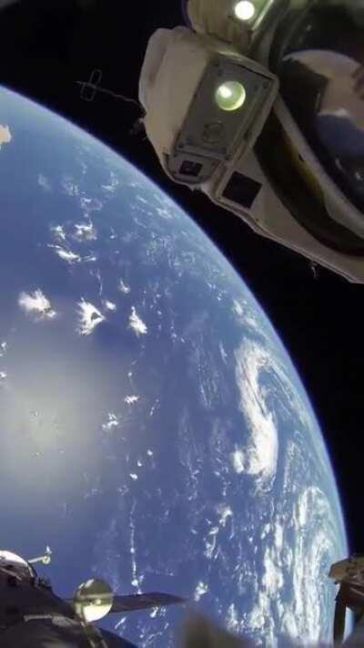 Incredible view of the Earth captured during a spacewalk by cosmonaut Oleg Artemyev