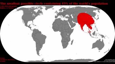 The smallest possible circles containing 1%-100% of the world's population [OC]