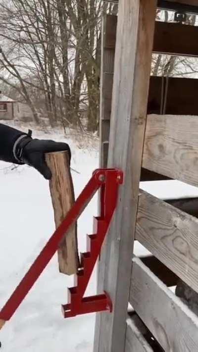 A satisfying, wall mounted, kindling splitter.