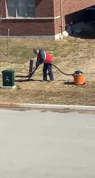 The old man from the opposite takes the cleaning after the winter seriously and vacuums the whole lawn.