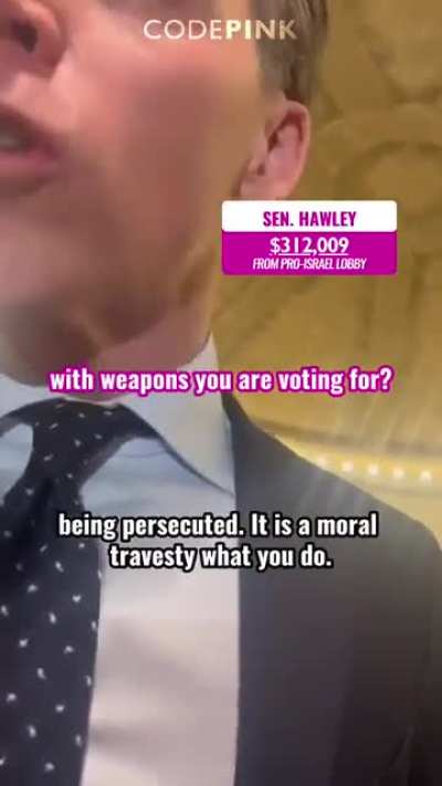 Sen. Josh Hawley (R-MO) is confronted over his support for Israel's ongoing war against the Palestinian people. Hawley has taken hundreds of thousands of dollars from AIPAC