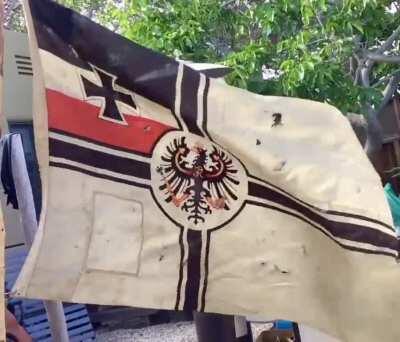 She may be patched and tattered, but after a century and a half she’s still here! My first version imperial German naval flag, with the old eagle.