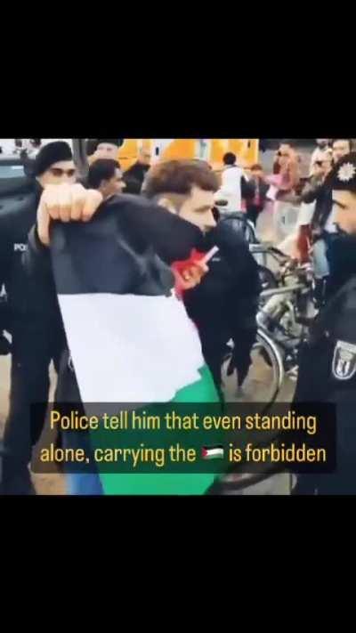A lone peaceful protester is brutally arrested for holding up a Palestinian flag in Germany
