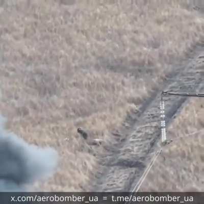 Ukrainian drones set fire to a Russian transport vehicle armored with wooden logs and metal sheets and equipped with anti-drone jammers, then chased its crew.