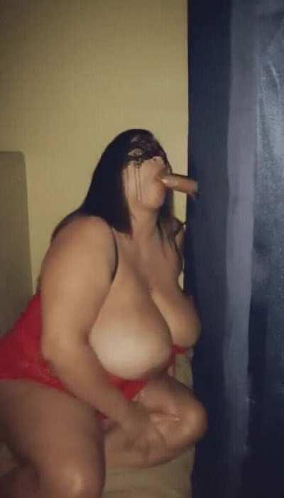 Feel free to reach through the hole and play with my big titties! 🍒