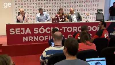 Brazilian Journalist falls for porn noise prank in a press conference with a footballer.