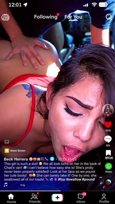 Your bully and his frat bros loaded your GF into the back of their van 🚐 and all took turns pounding her into submission. They humiliated her and uploaded the evidence to TikTok! Watch her pretty face struggle to handle them! 🥵