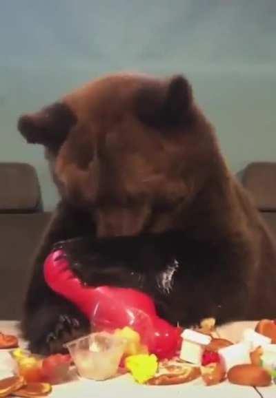Bear popping a balloon.