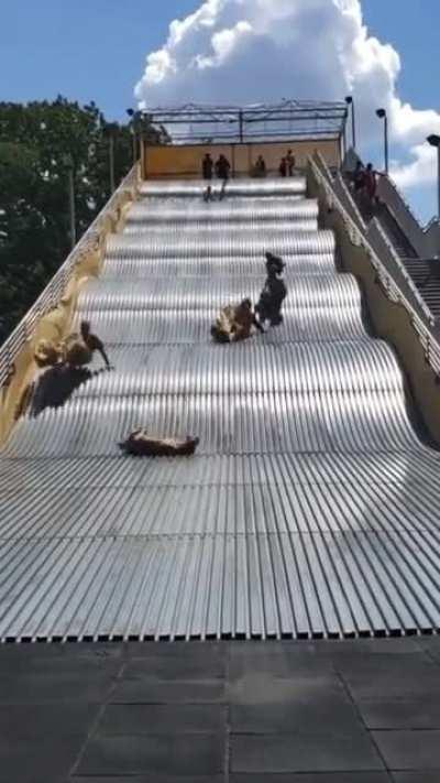 This metal slide in Belle Isle Park in Detroit, Michigan that costs $1 to ride. It was closed shortly after re-opening.
