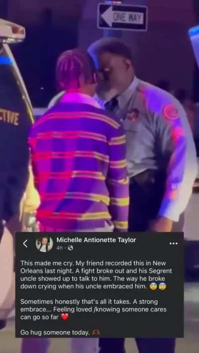 This police officer uncle breaking a fight and calming the kid involved in the brawl