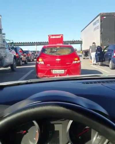 Car hits stationary truck plus a cow in a trunk's car ahead