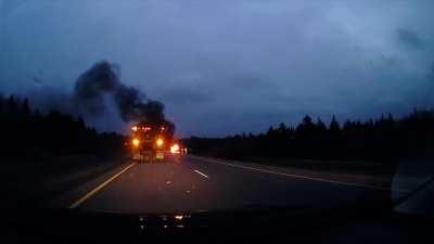 Truck fire on the highway. Saw the door melt off as I passed