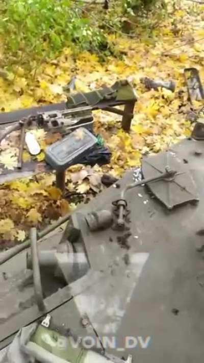 Ru pov Russian soldier from 155th Naval Infantry shows a BMP-3 after a Javelin strike. He says the crew survived