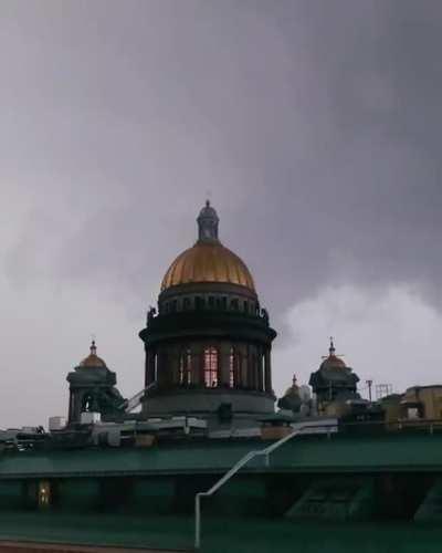 Lighting struck the cross on top of the Saint Isaac's Cathedral (S. Petersburg)